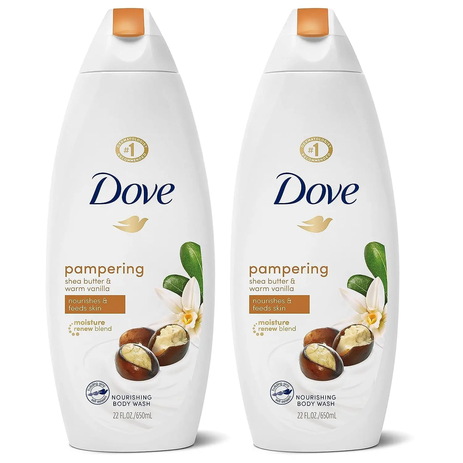 This is a pack of four 16.9 ounce bottles of Dove Purely Pampering body wash with shea butter and warm vanilla scent, a dermatologist-recommended moisturizing body wash.