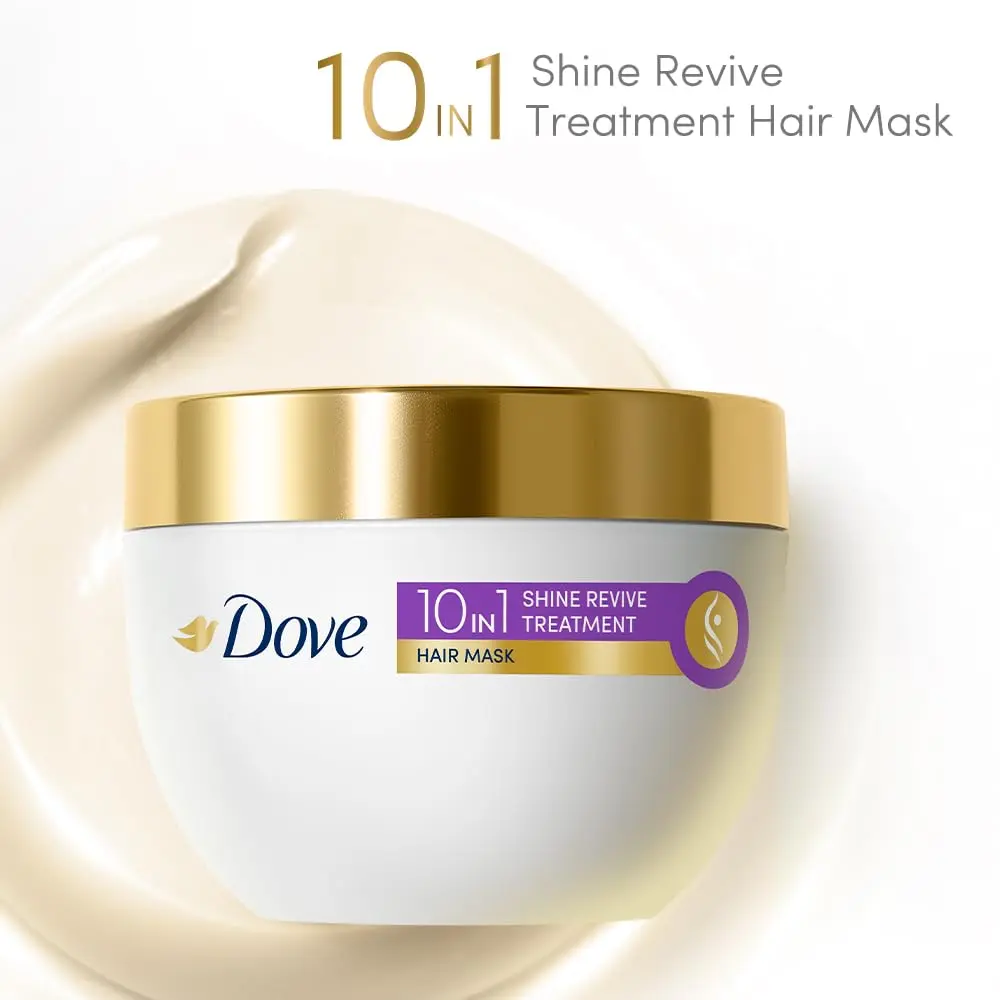 Dove Shine Revive hair mask, infused with Vitamins B6, C & E, for visibly vibrant shine that lasts up to 72 hours, and provides 10 transformative benefits for healthier, silkier hair.