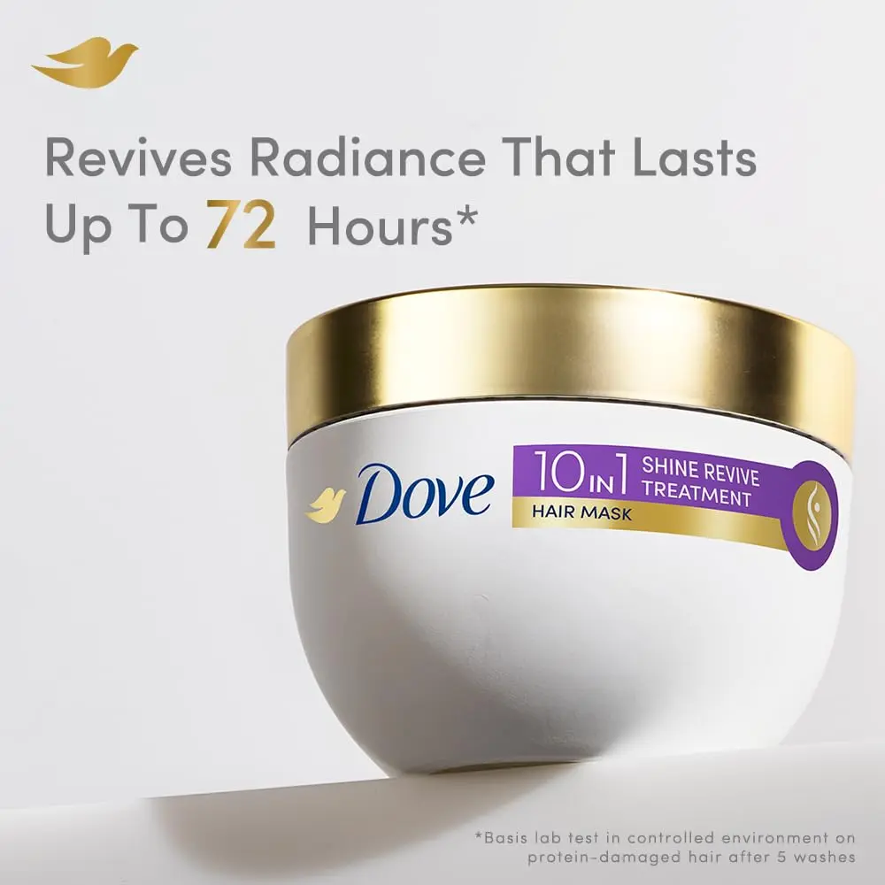 Dove Shine Revive hair mask, infused with Vitamins B6, C & E, for visibly vibrant shine that lasts up to 72 hours, and provides 10 transformative benefits for healthier, silkier hair.