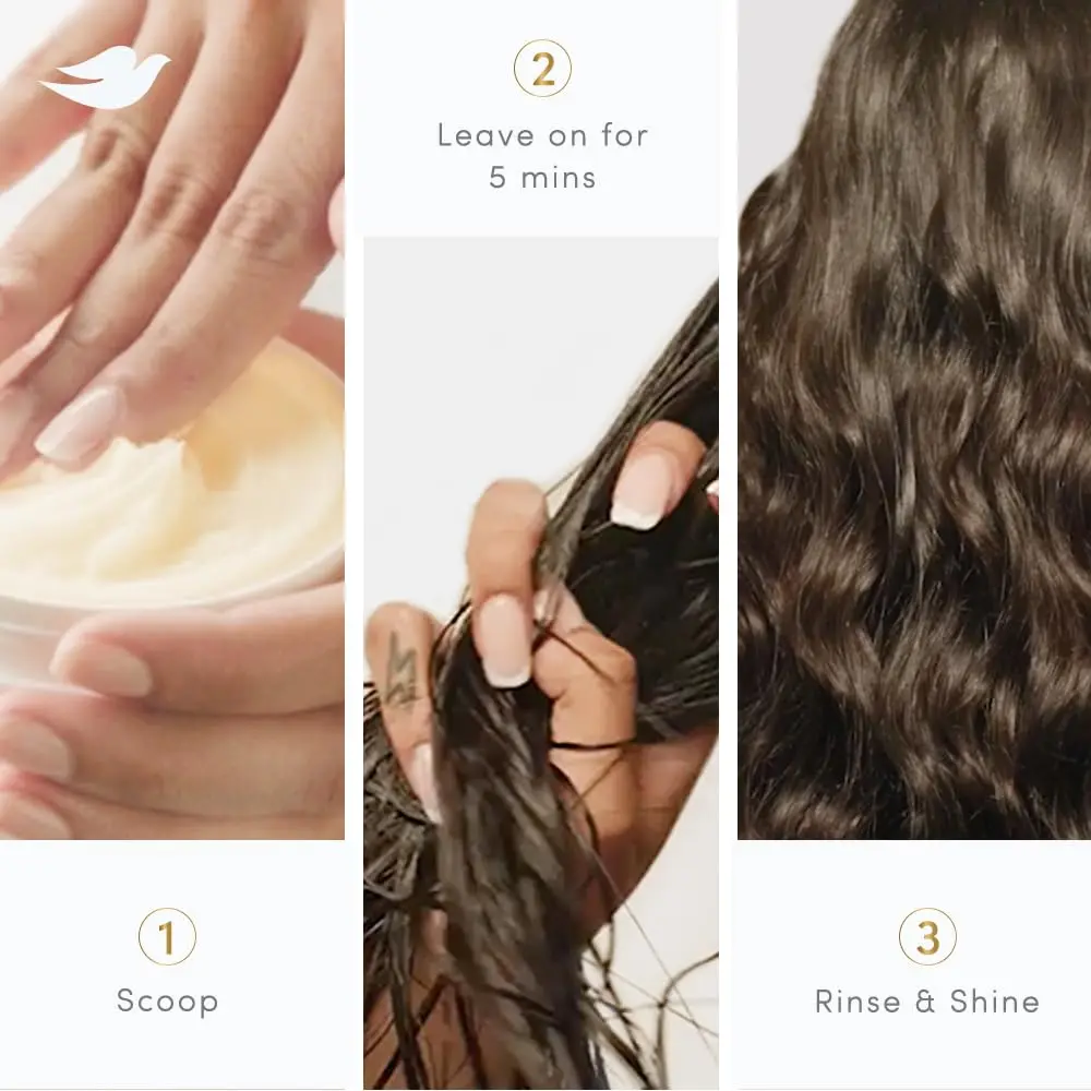 Dove Shine Revive hair mask, infused with Vitamins B6, C & E, for visibly vibrant shine that lasts up to 72 hours, and provides 10 transformative benefits for healthier, silkier hair.
