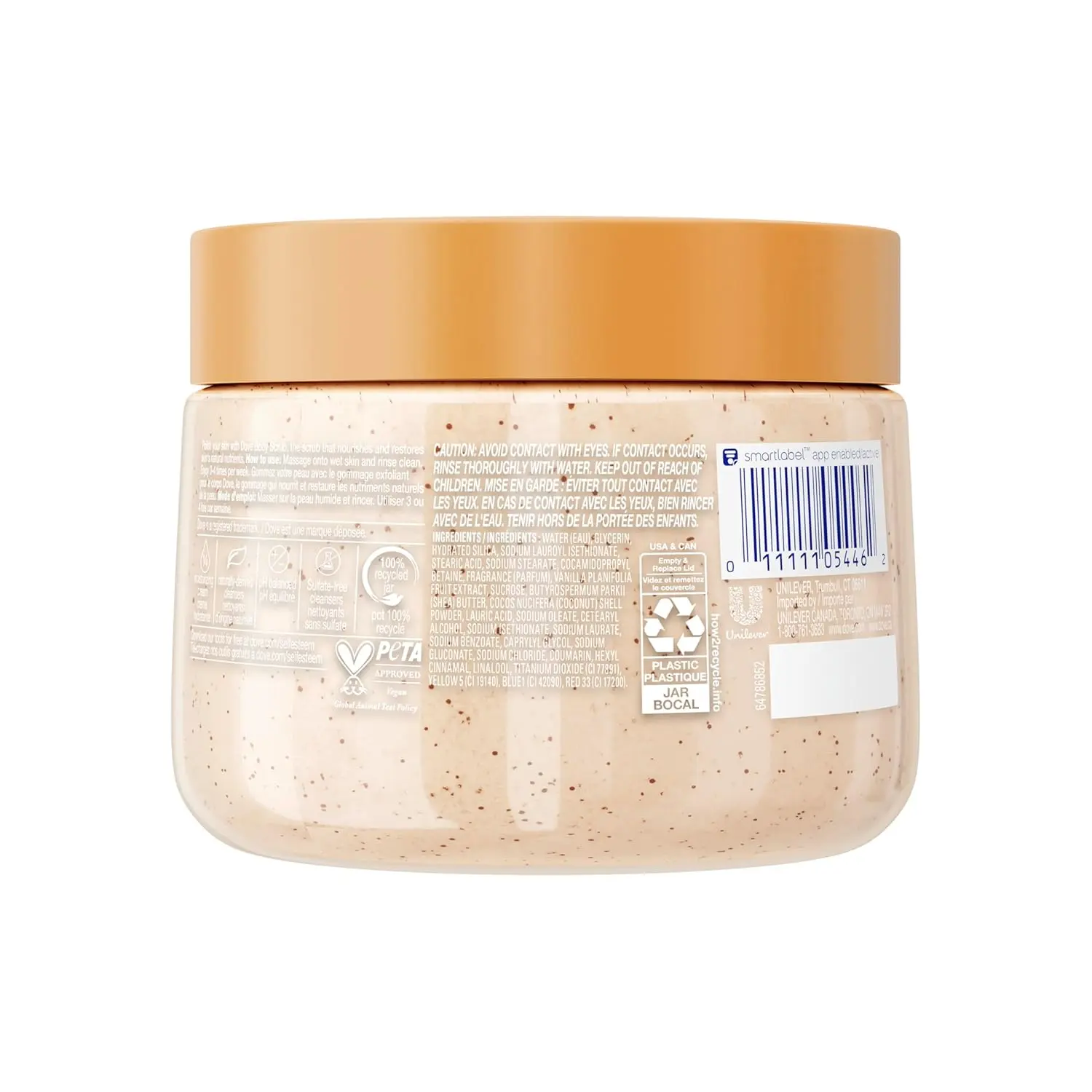 A jar of Dove Vanilla Sugar & Shea Butter Body Scrub, formulated with moisturizing cream, exfoliates to reveal smooth, radiant skin.