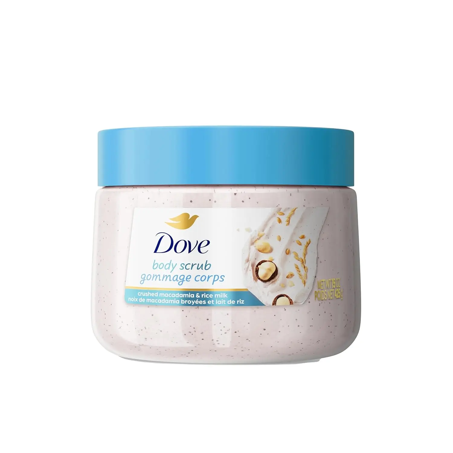 A jar of Dove Vanilla Sugar & Shea Butter Body Scrub, formulated with moisturizing cream, exfoliates to reveal smooth, radiant skin.