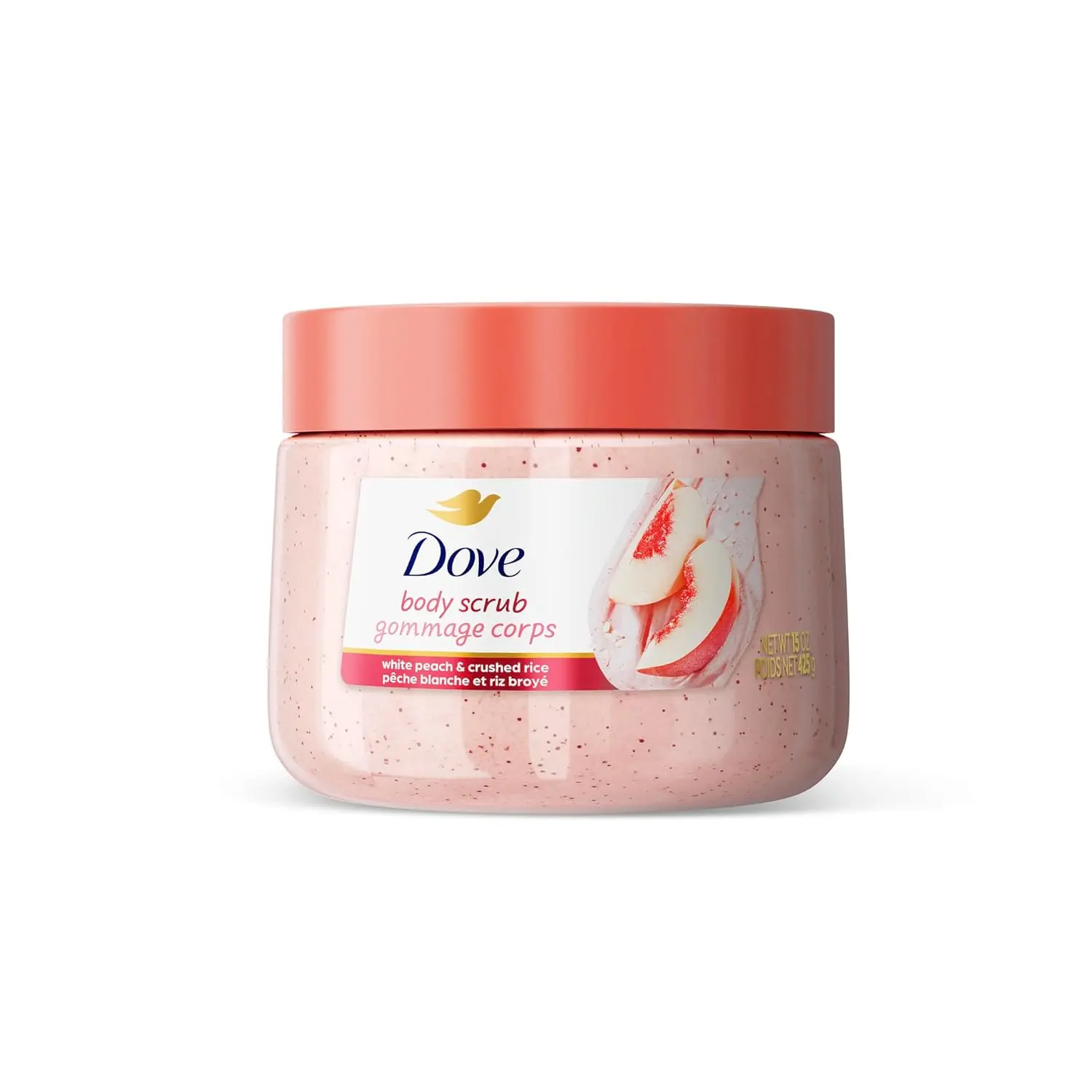 A jar of Dove Vanilla Sugar & Shea Butter Body Scrub, formulated with moisturizing cream, exfoliates to reveal smooth, radiant skin.