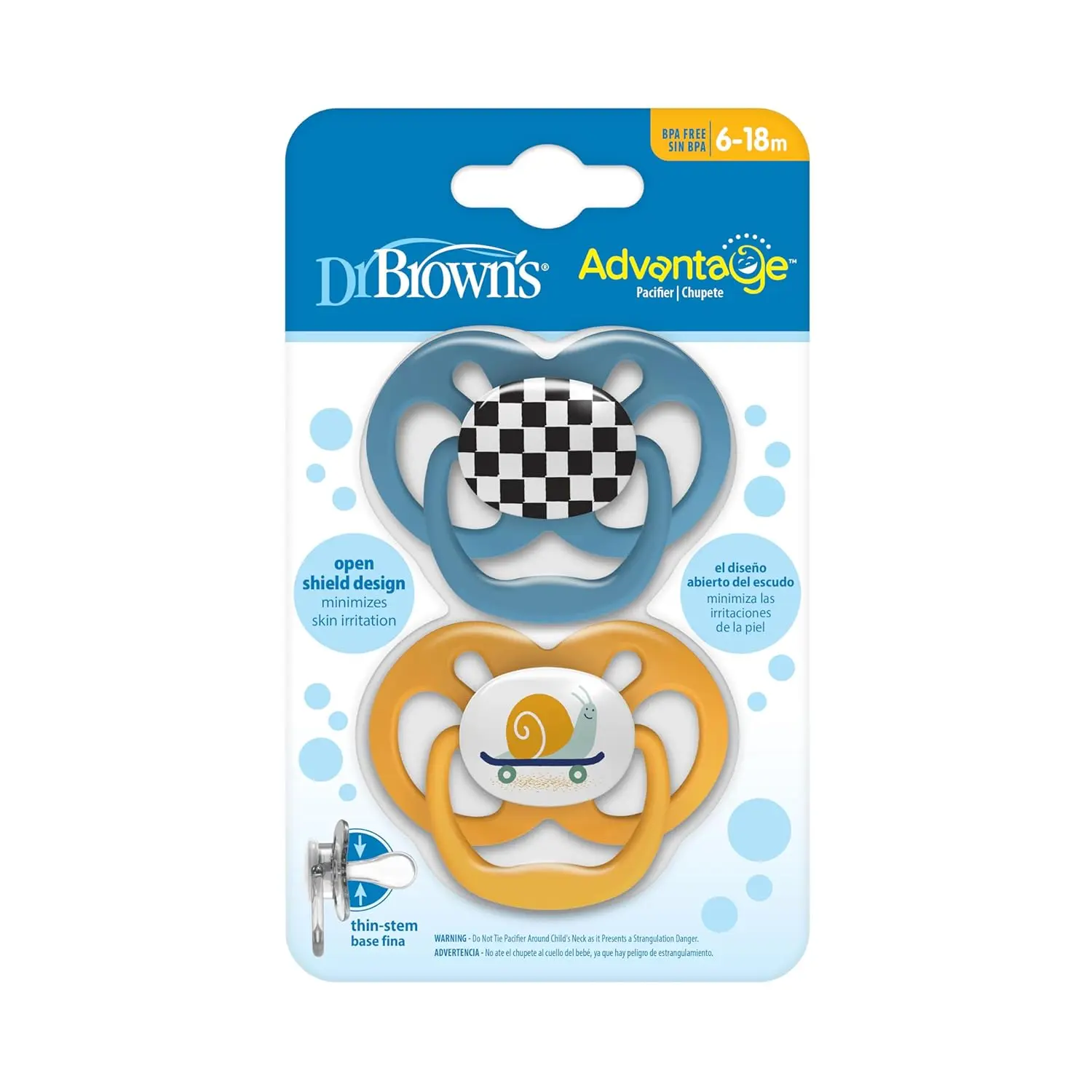 Dr. Brown's Advantage pacifier features a skateboard snail design, a soft silicone bulb, and a symmetrical shape for babies 6-18 months old.