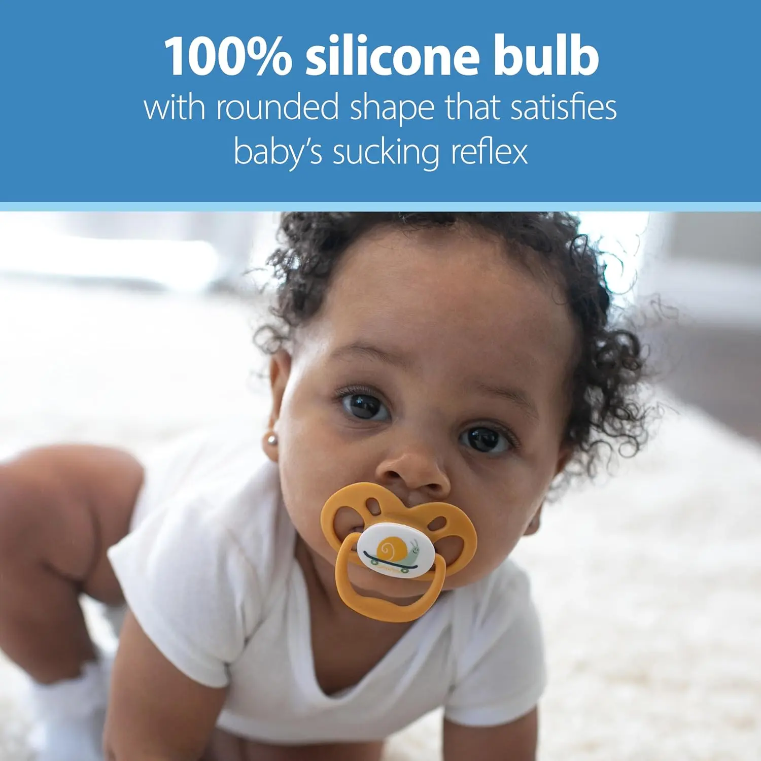 Dr. Brown's Advantage pacifier features a skateboard snail design, a soft silicone bulb, and a symmetrical shape for babies 6-18 months old.