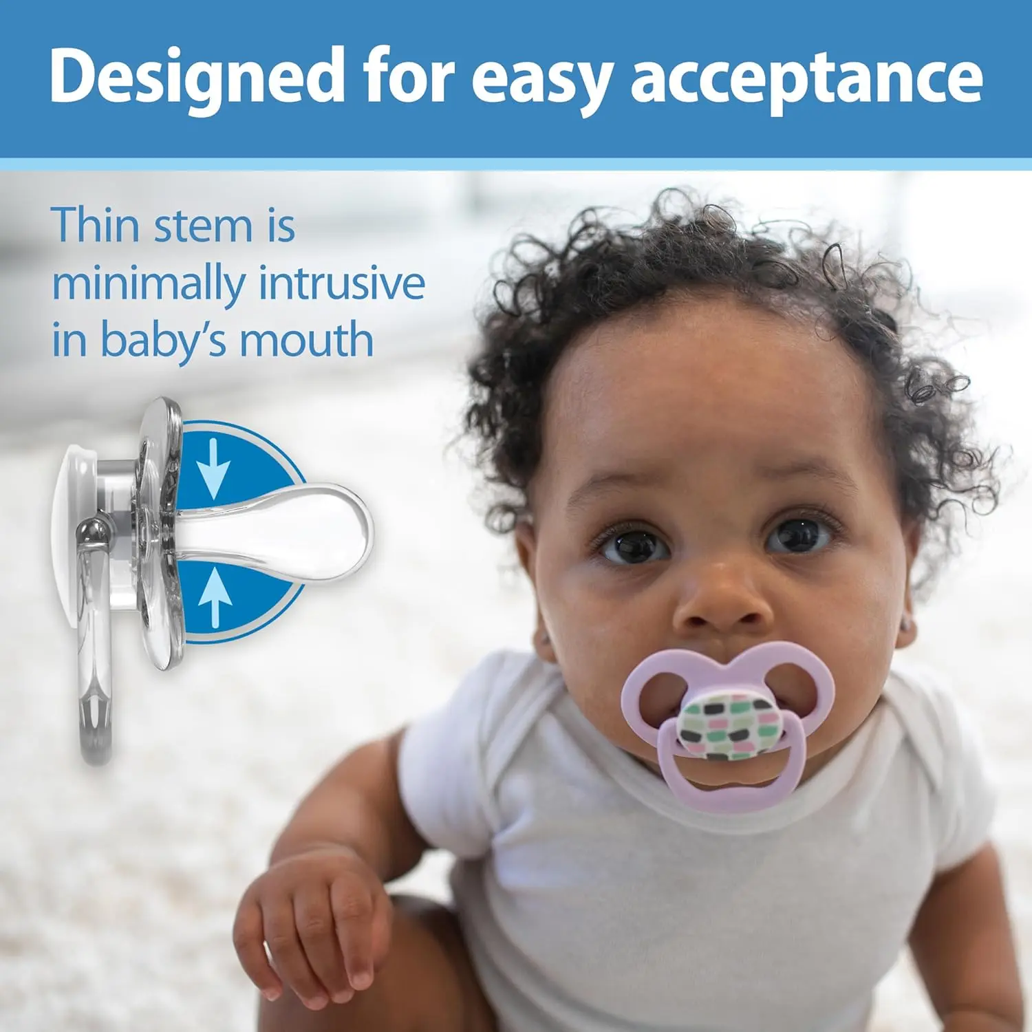 Dr. Brown's Advantage pacifier features a skateboard snail design, a soft silicone bulb, and a symmetrical shape for babies 6-18 months old.