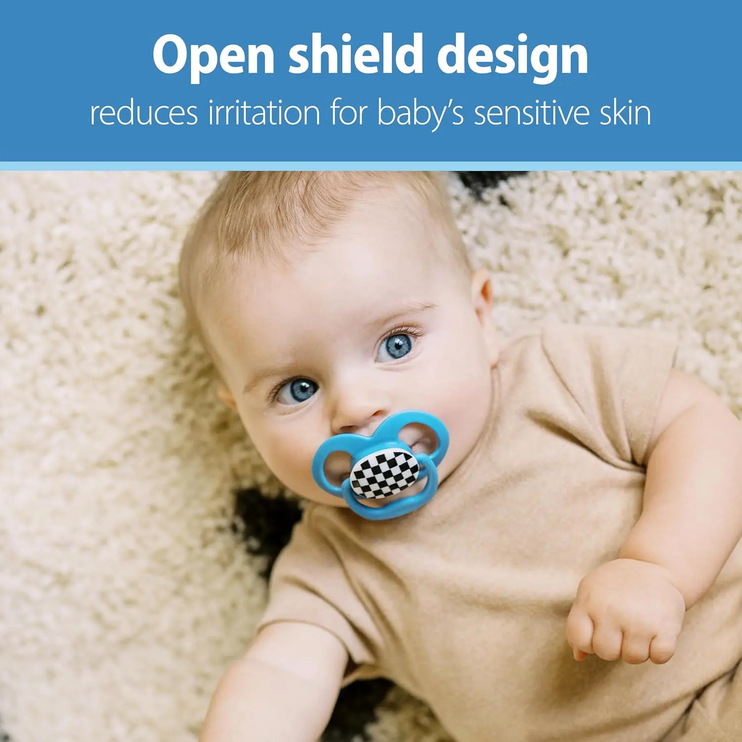 Dr. Brown's Advantage pacifier features a skateboard snail design, a soft silicone bulb, and a symmetrical shape for babies 6-18 months old.