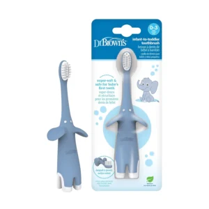 A blue Dr. Brown's infant-to-toddler toothbrush with soft bristles, designed to gently clean teeth and protect gums, and is BPA-free.