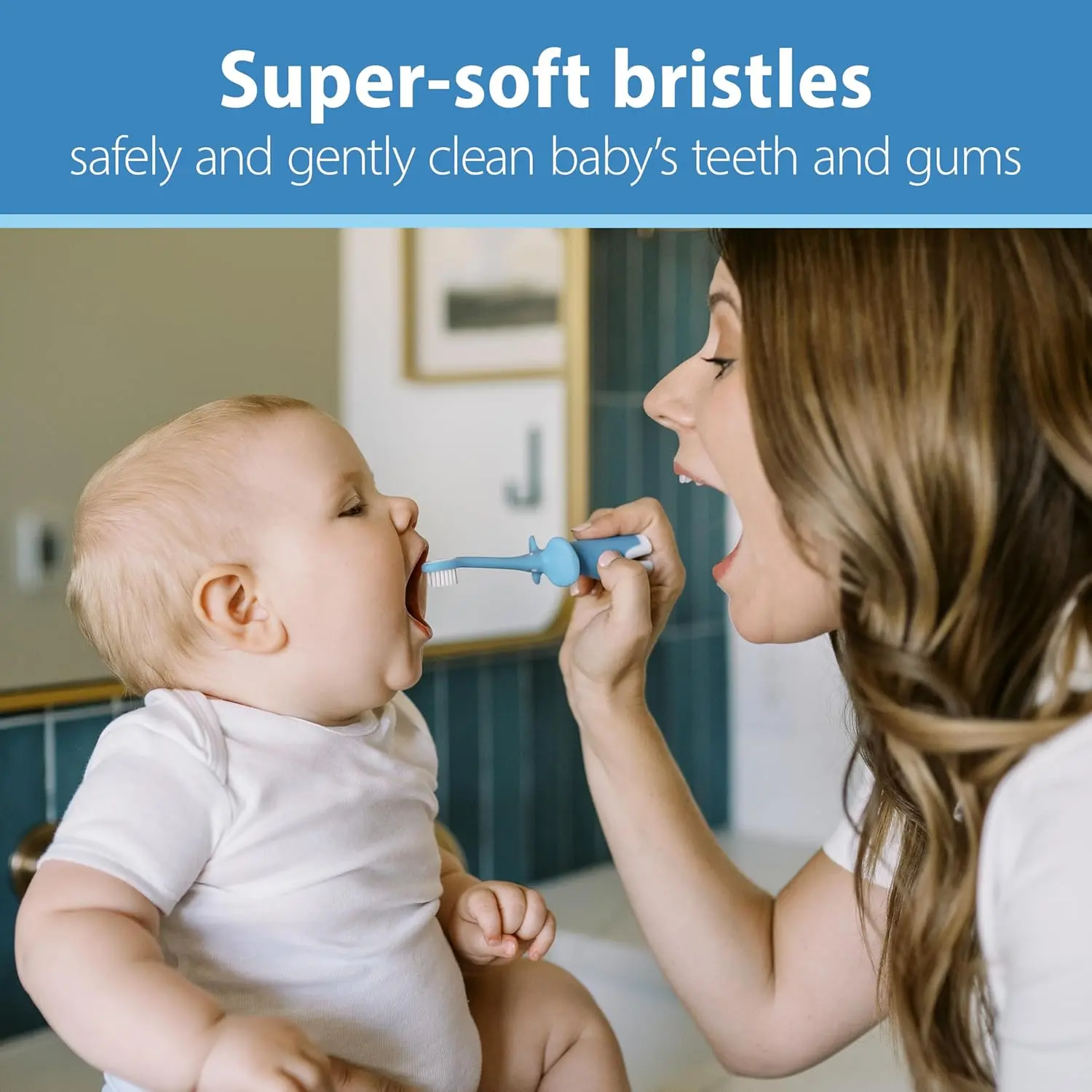 A blue Dr. Brown's infant-to-toddler toothbrush with soft bristles, designed to gently clean teeth and protect gums, and is BPA-free.