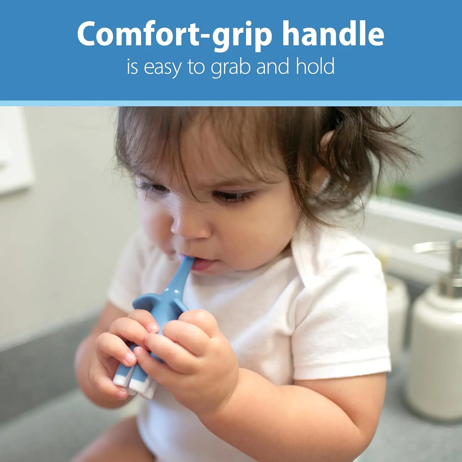 A blue Dr. Brown's infant-to-toddler toothbrush with soft bristles, designed to gently clean teeth and protect gums, and is BPA-free.