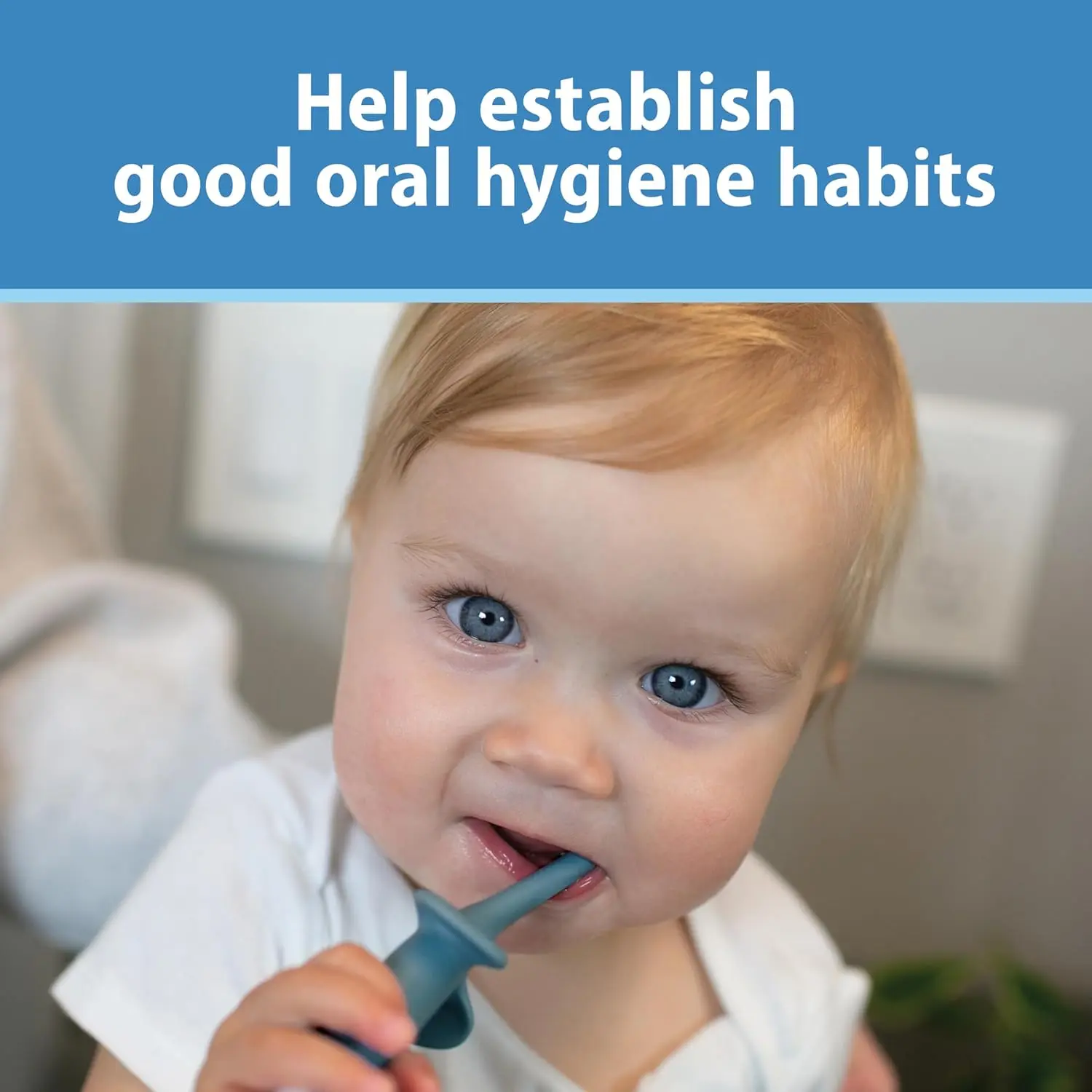 A blue Dr. Brown's infant-to-toddler toothbrush with soft bristles, designed to gently clean teeth and protect gums, and is BPA-free.