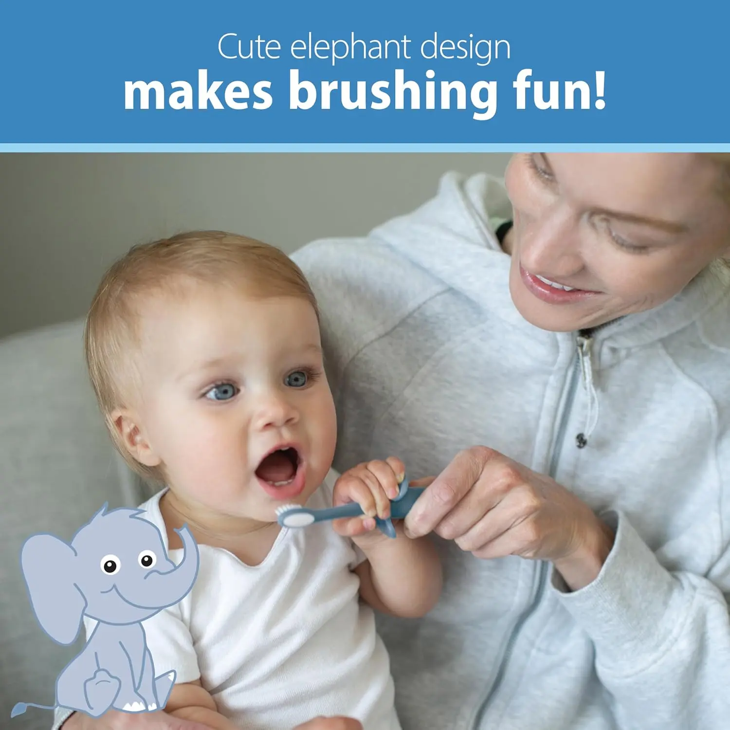 A blue Dr. Brown's infant-to-toddler toothbrush with soft bristles, designed to gently clean teeth and protect gums, and is BPA-free.