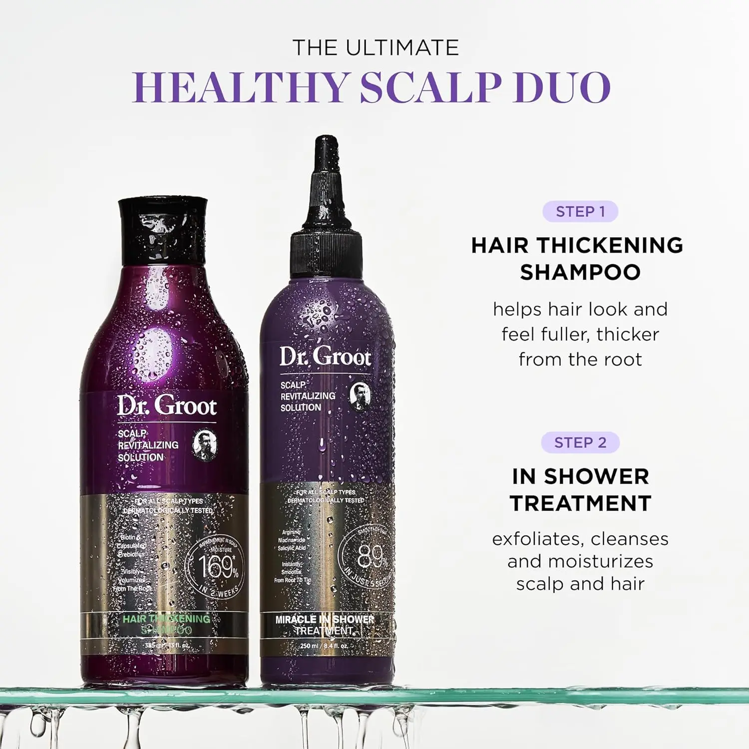 Dr. Groot miracle in-shower treatment visibly thickens hair, reduces hair loss due to breakage, exfoliates and moisturizes the scalp for healthier hair.