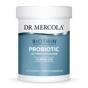 Bottle of Dr. Mercola Biothin Probiotic dietary supplement with 10 billion CFU to support digestive health and promote healthy abdominal fat storage.
