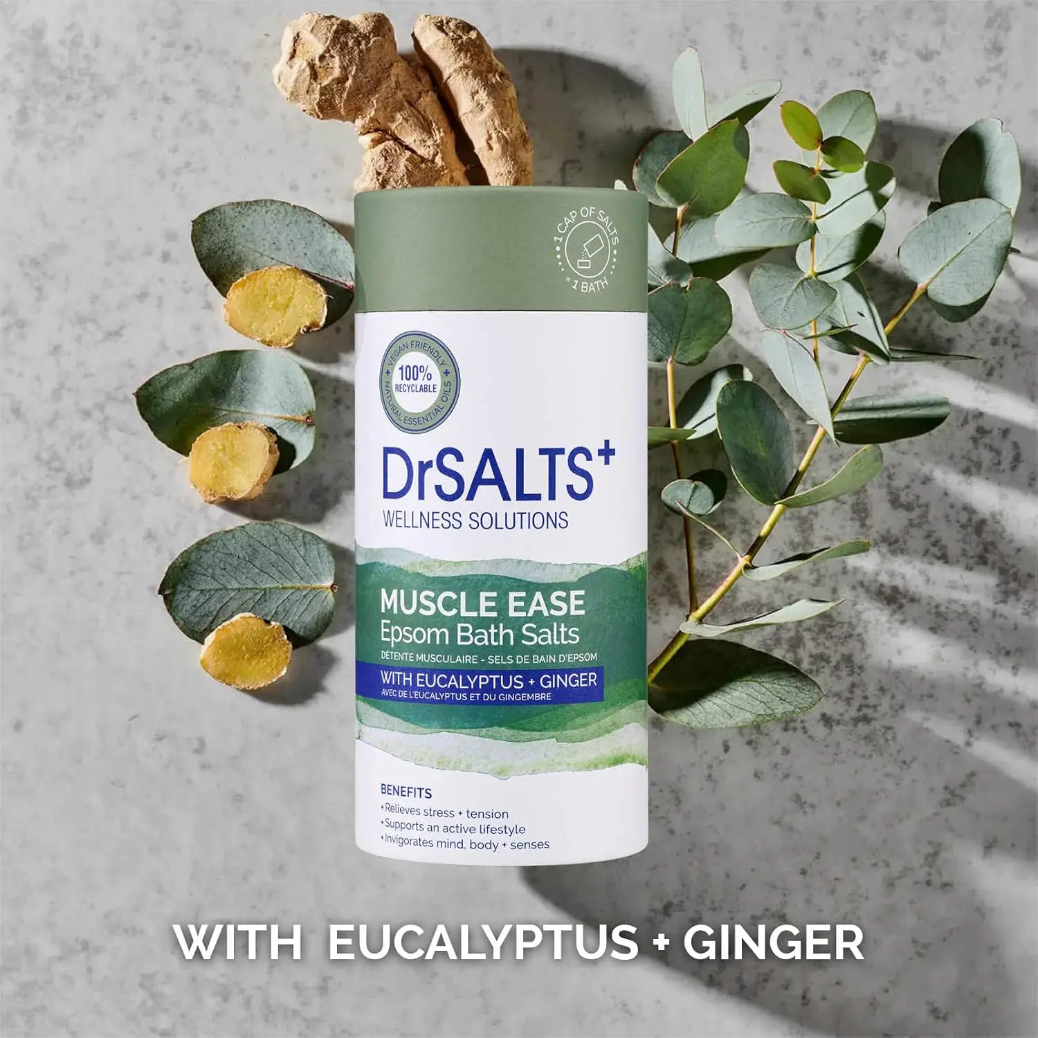 A 2kg bag of Dr Salts Muscle Ease Epsom bath salts helps relax and soothe tired muscles with eucalyptus, rosemary, and ginger essential oils.