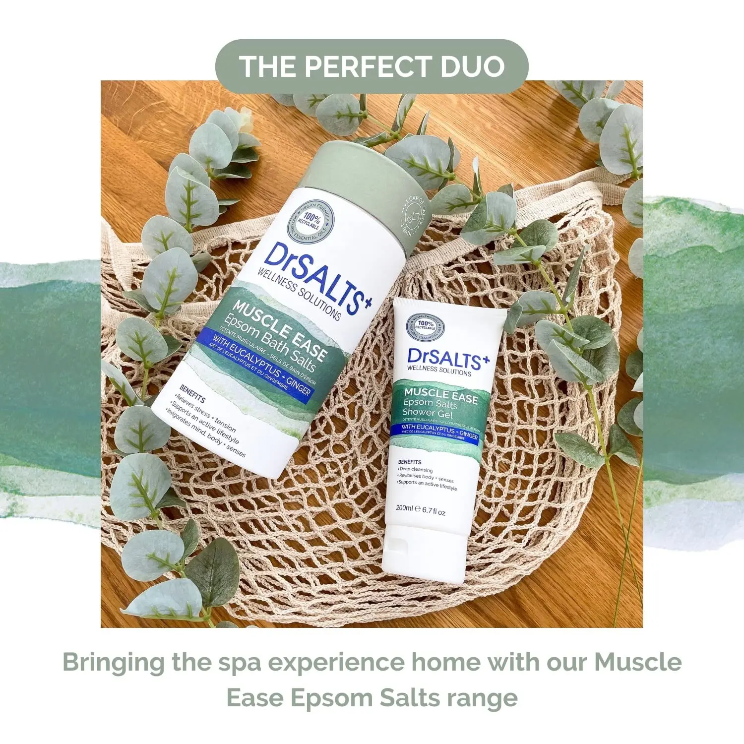 A 2kg bag of Dr Salts Muscle Ease Epsom bath salts helps relax and soothe tired muscles with eucalyptus, rosemary, and ginger essential oils.