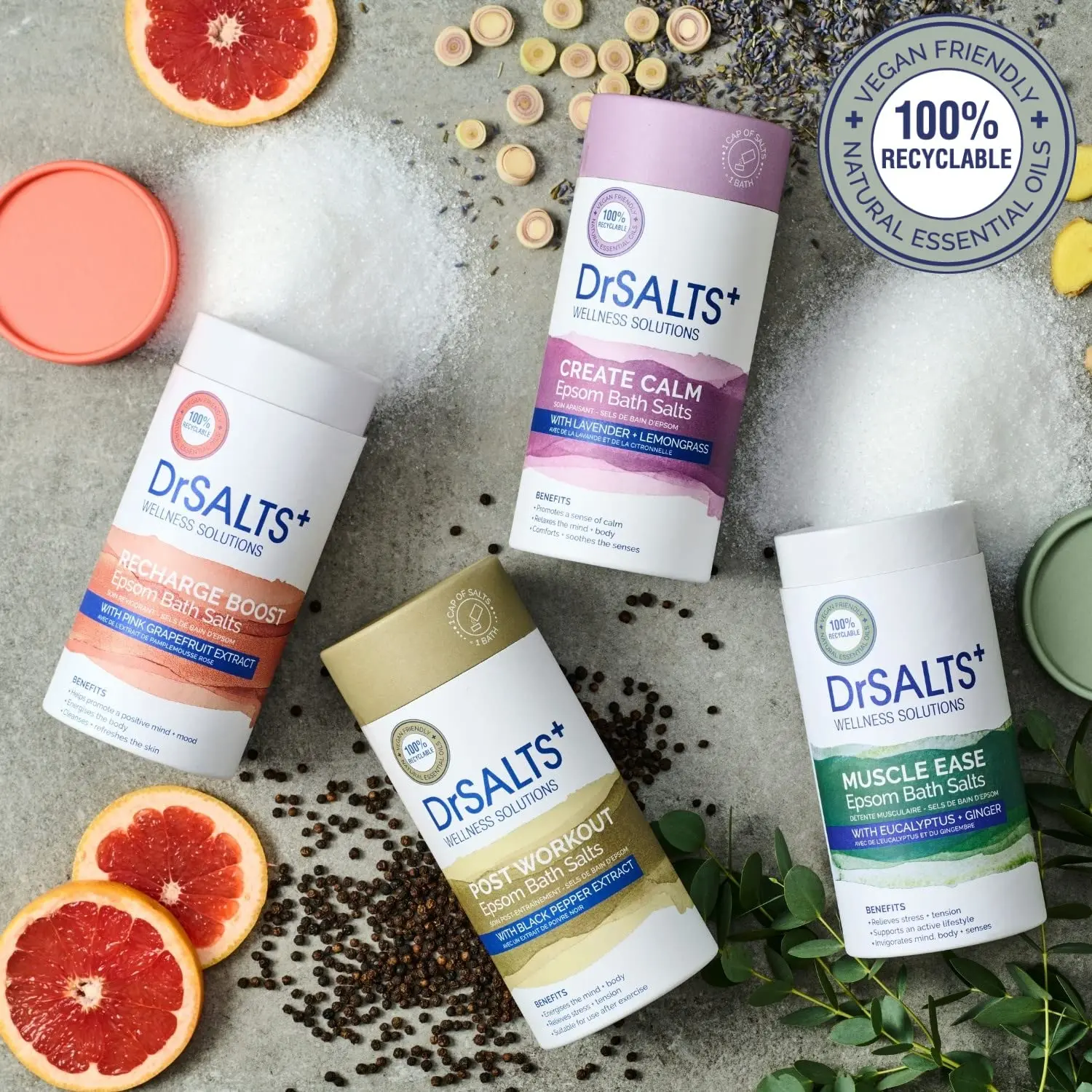 A 2kg bag of Dr Salts Muscle Ease Epsom bath salts helps relax and soothe tired muscles with eucalyptus, rosemary, and ginger essential oils.