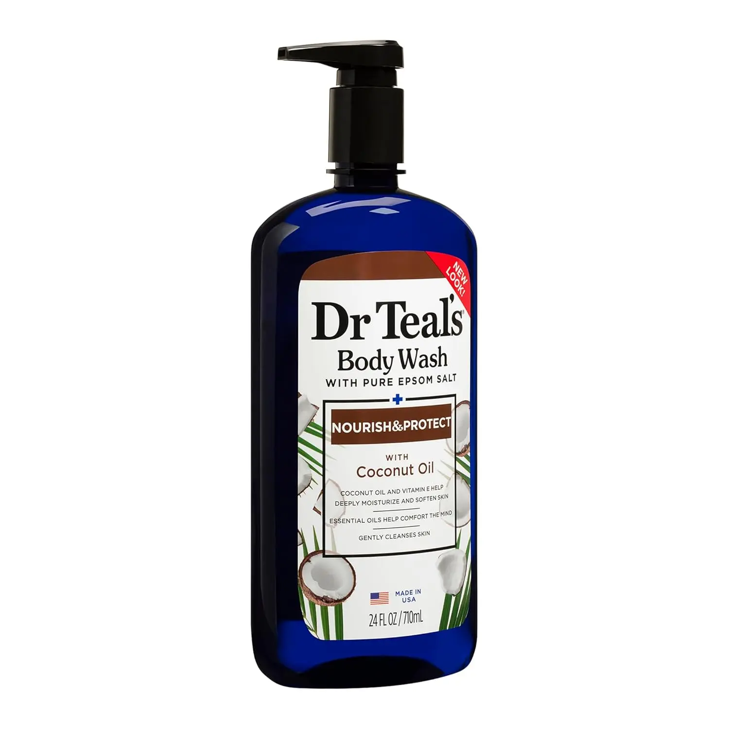 Dr Teal's Coconut Oil Epsom Salt Body Wash hydrates and moisturizes skin with aloe vera, shea butter, and vitamin E, while pure Epsom salt helps relieve tired muscles.
