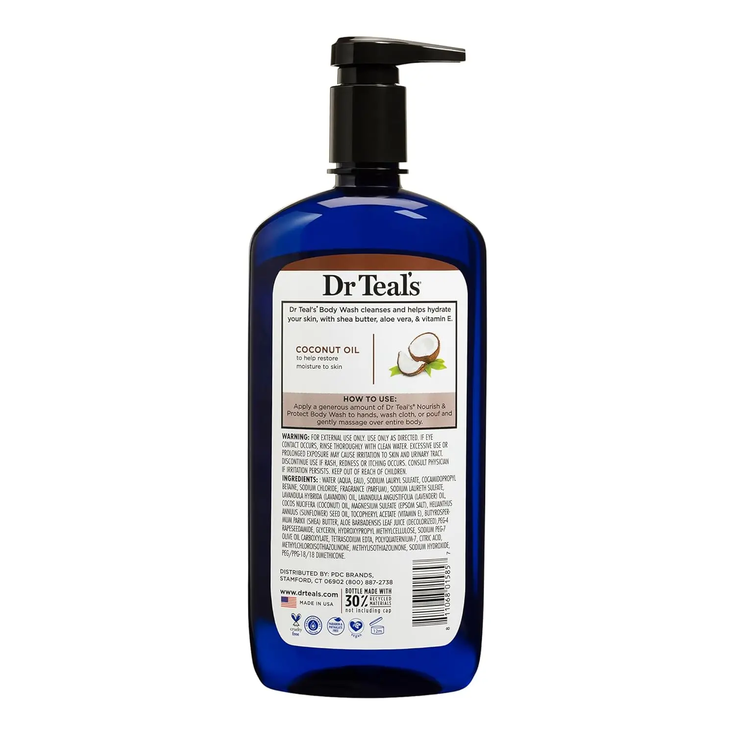 Dr Teal's Coconut Oil Epsom Salt Body Wash hydrates and moisturizes skin with aloe vera, shea butter, and vitamin E, while pure Epsom salt helps relieve tired muscles.