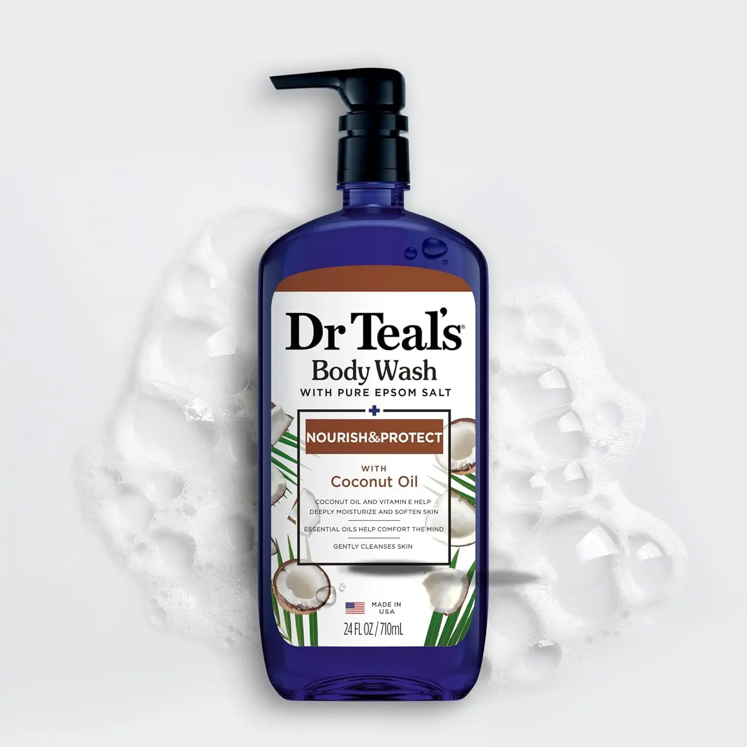 Dr Teal's Coconut Oil Epsom Salt Body Wash hydrates and moisturizes skin with aloe vera, shea butter, and vitamin E, while pure Epsom salt helps relieve tired muscles.