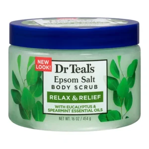 Dr. Teal's Epsom salt body scrub exfoliates skin with eucalyptus essential oil, shea butter, and jojoba oil for a relaxing and soothing experience.