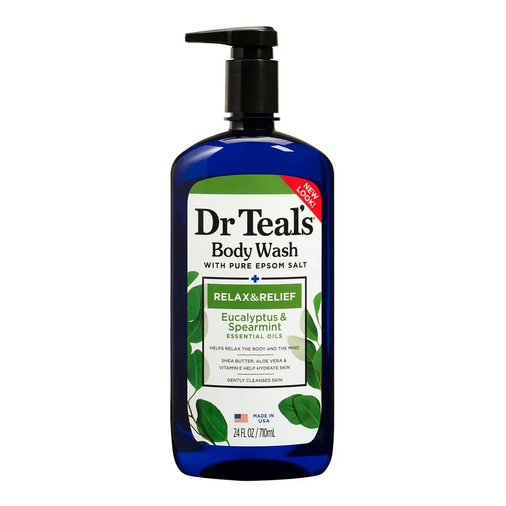 Dr Teal's Eucalyptus and Spearmint body wash revitalizes tired muscles with pure Epsom salt while aloe vera, shea butter, and vitamin E hydrate and moisturize skin.