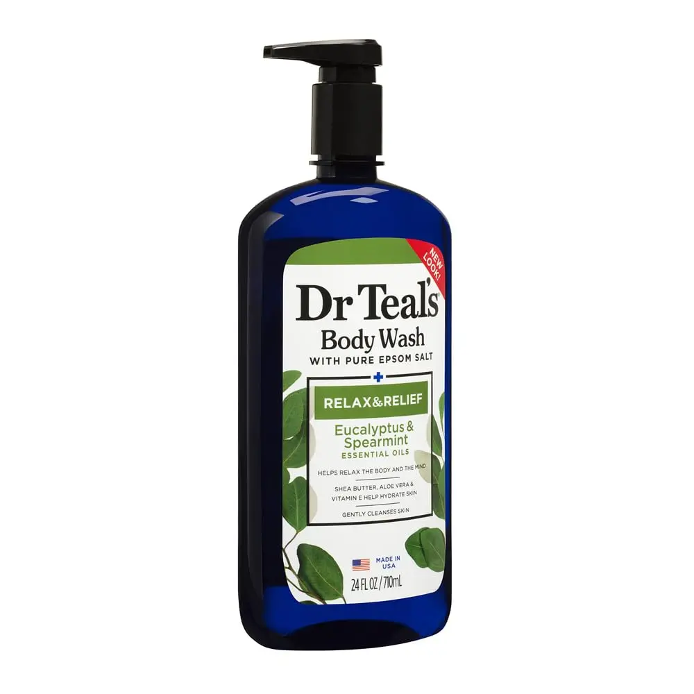 Dr Teal's Eucalyptus and Spearmint body wash revitalizes tired muscles with pure Epsom salt while aloe vera, shea butter, and vitamin E hydrate and moisturize skin.