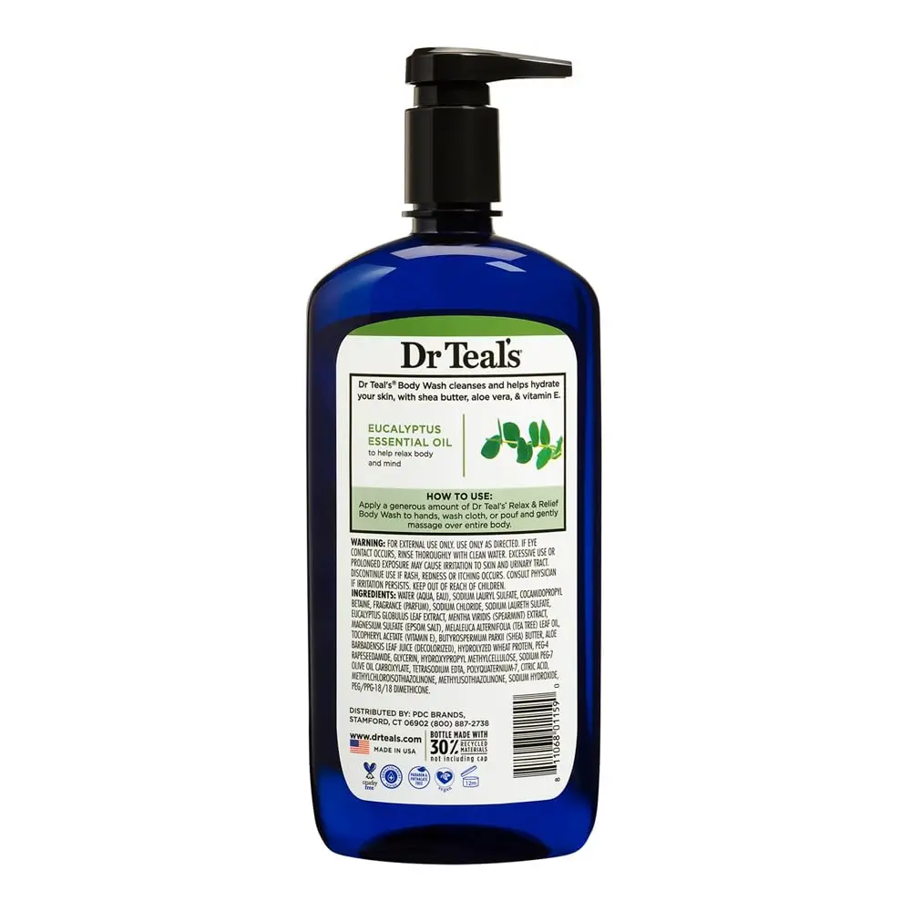 Dr Teal's Eucalyptus and Spearmint body wash revitalizes tired muscles with pure Epsom salt while aloe vera, shea butter, and vitamin E hydrate and moisturize skin.
