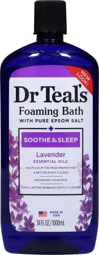 Dr Teal's Soothe & Sleep Foaming Bath with Lavender and Epsom Salt transforms bath time into a relaxing spa experience for sore muscles and better sleep.