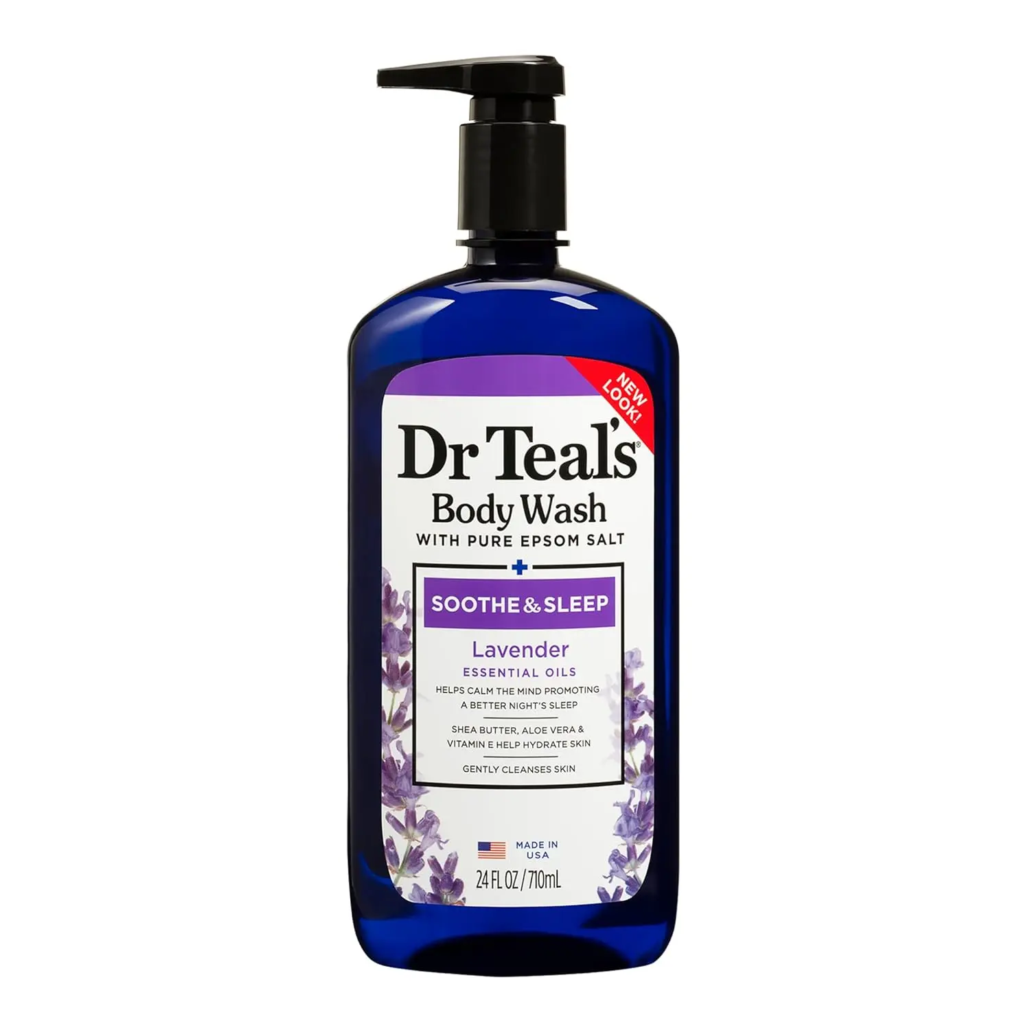 Dr Teal's Lavender Epsom Salt Body Wash moisturizes and conditions skin with aloe vera and shea butter while revitalizing tired muscles and promoting relaxation for a better night's sleep.