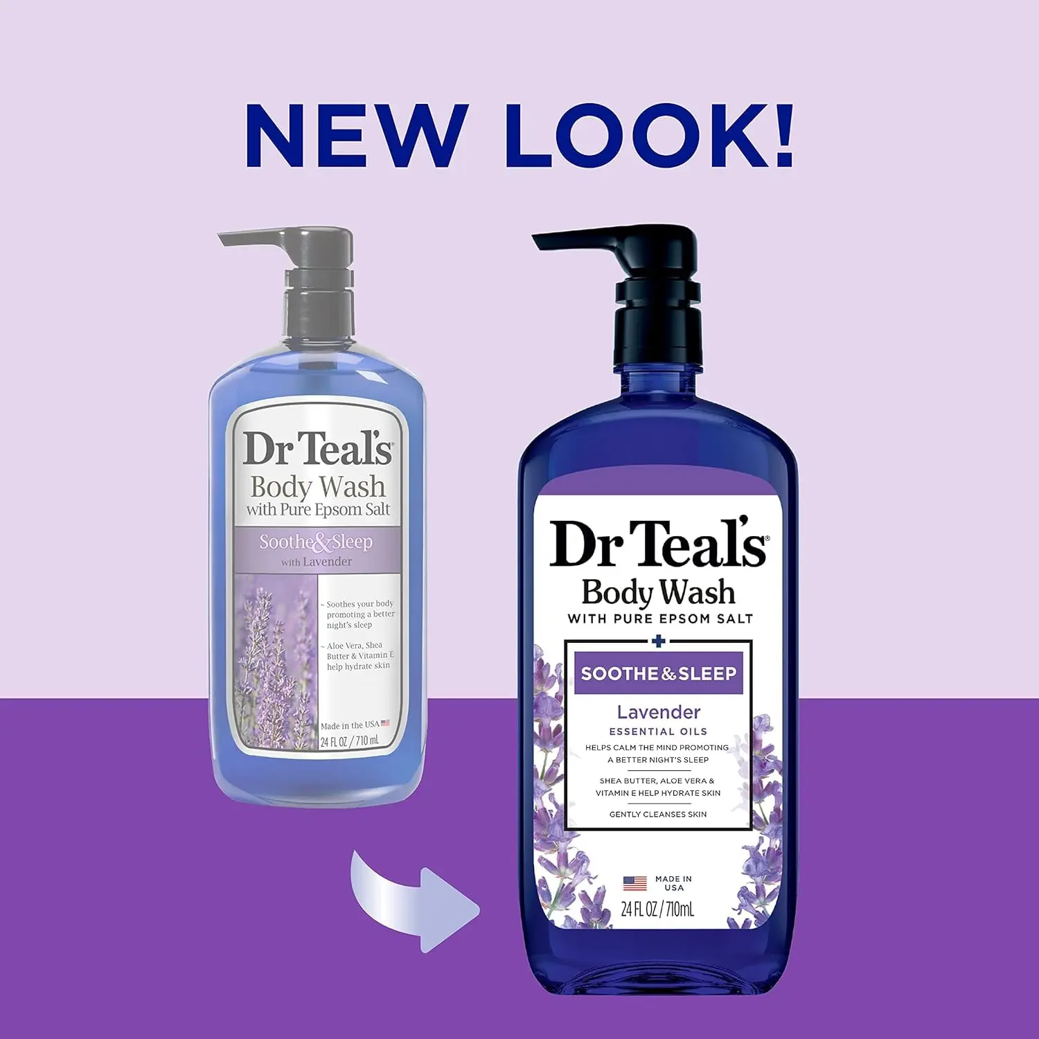 Dr Teal's Lavender Epsom Salt Body Wash moisturizes and conditions skin with aloe vera and shea butter while revitalizing tired muscles and promoting relaxation for a better night's sleep.