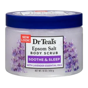 Dr Teal's Lavender Epsom Salt Body Scrub gently exfoliates skin, soothes senses with lavender essential oil, and enriches with shea butter and jojoba oil, 454 grams.