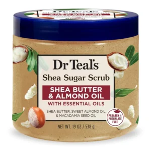 A jar of Dr Teal's Shea Sugar Body Scrub with shea butter and almond oil for exfoliating and smoothing skin.