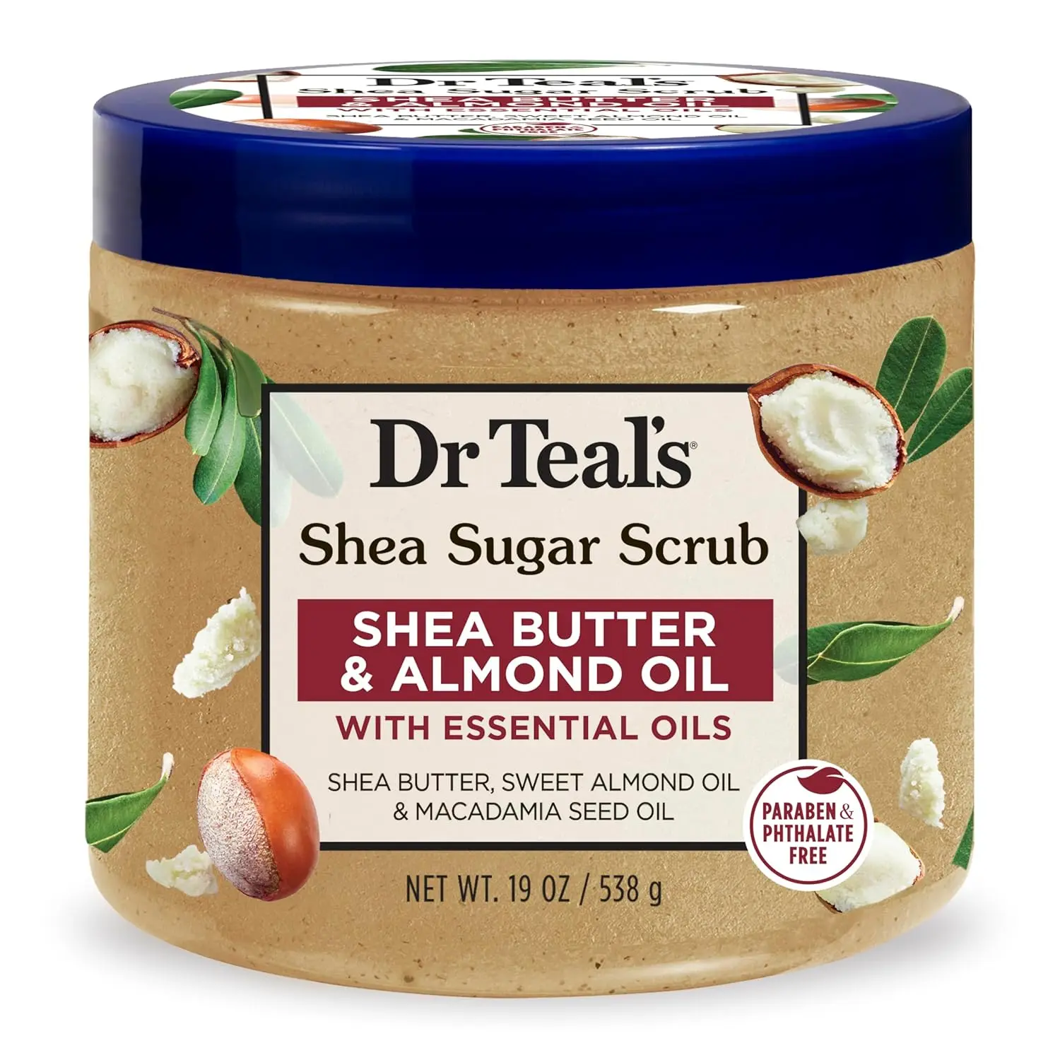 A jar of Dr Teal's Shea Sugar Body Scrub with shea butter and almond oil for exfoliating and smoothing skin.
