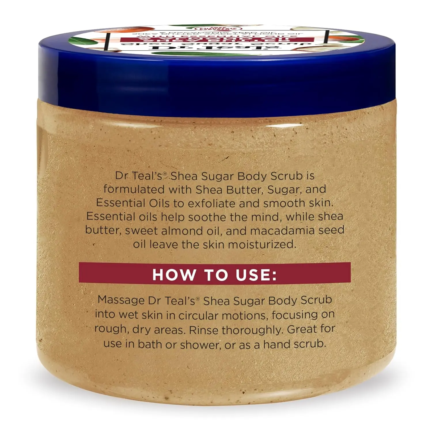A jar of Dr Teal's Shea Sugar Body Scrub with shea butter and almond oil for exfoliating and smoothing skin.