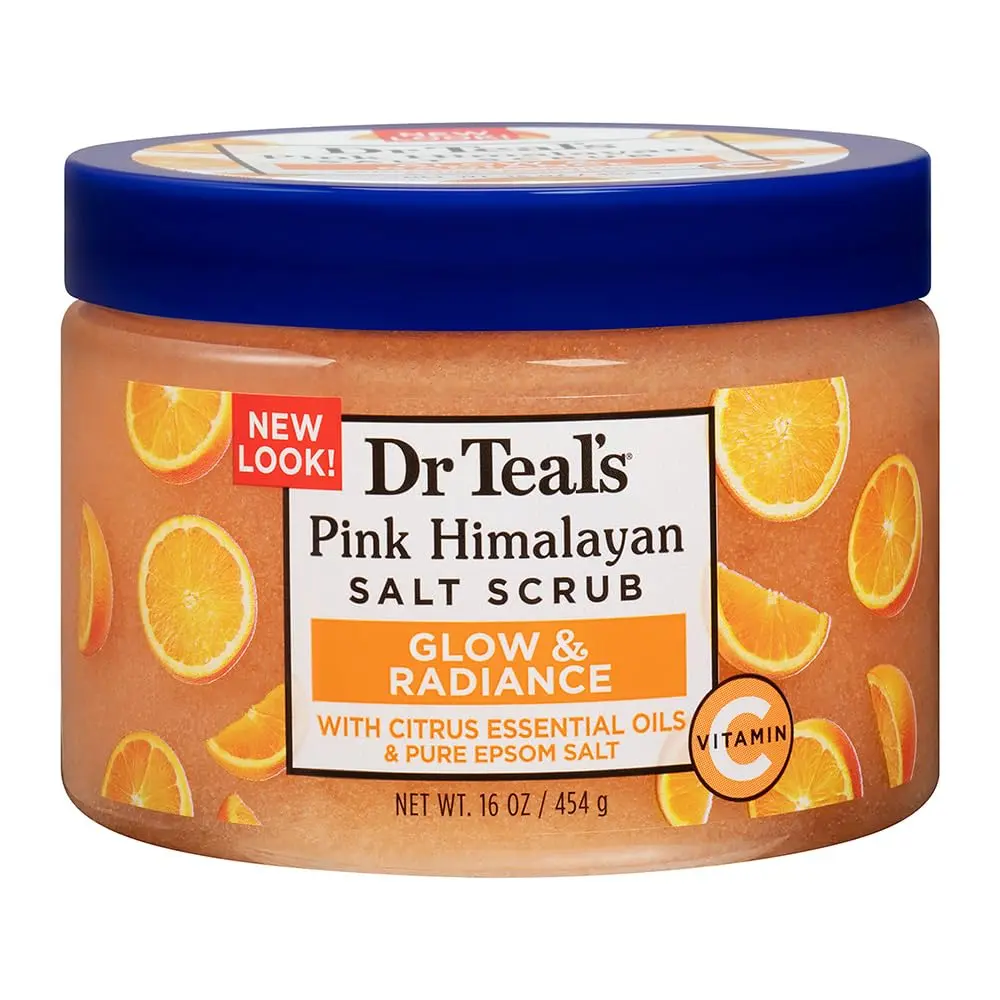This is a jar of Dr Teal's Vitamin C Epsom Salt Body Scrub for smooth and exfoliated skin.