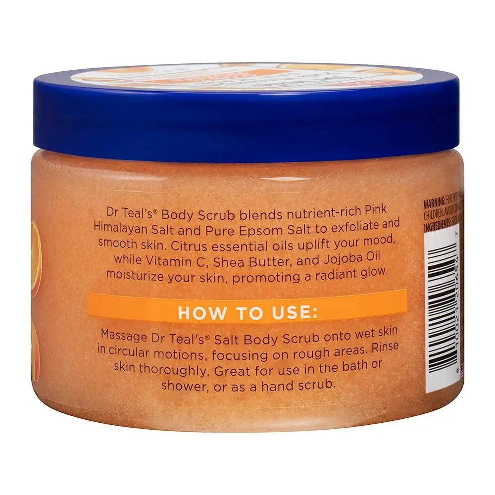 This is a jar of Dr Teal's Vitamin C Epsom Salt Body Scrub for smooth and exfoliated skin.