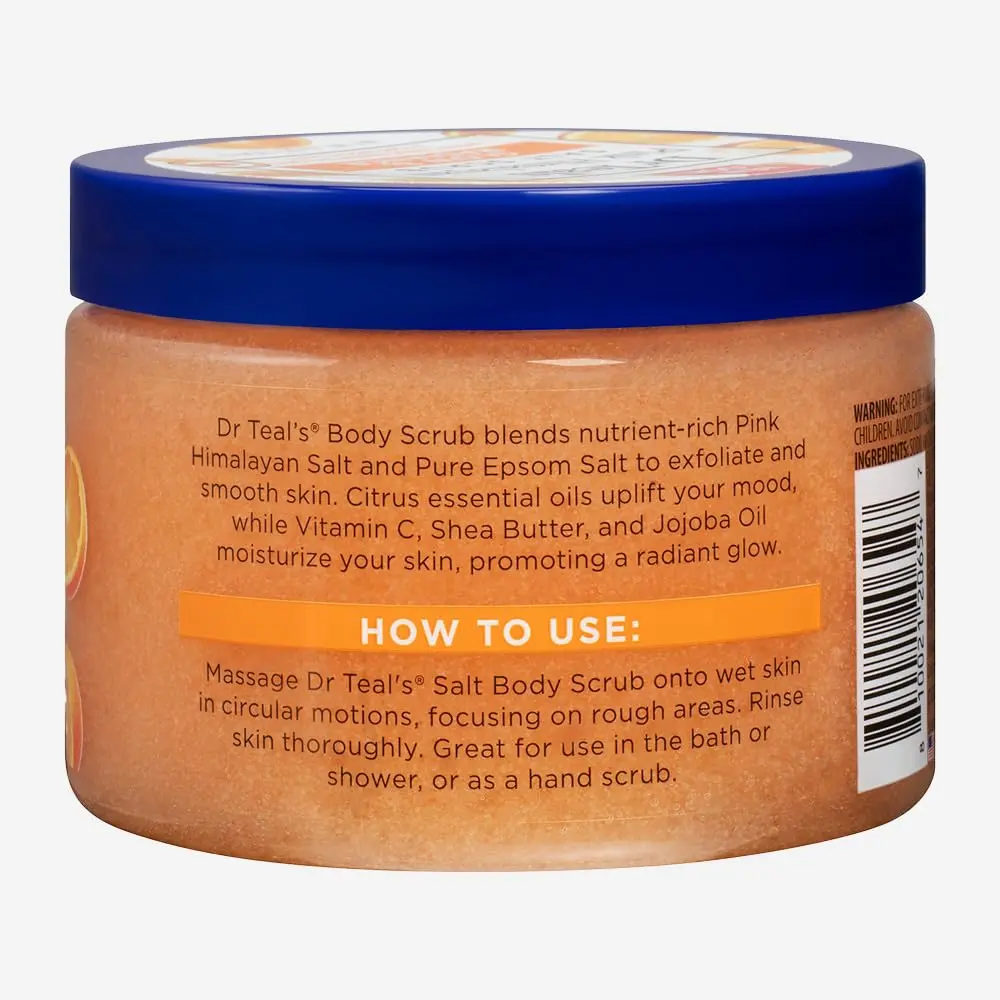 This is a jar of Dr Teal's Vitamin C Epsom Salt Body Scrub for smooth and exfoliated skin.