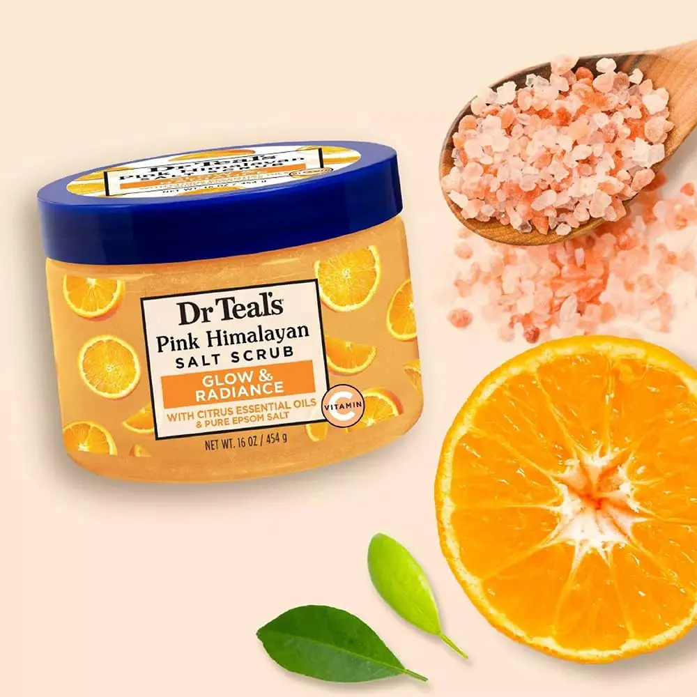 This is a jar of Dr Teal's Vitamin C Epsom Salt Body Scrub for smooth and exfoliated skin.