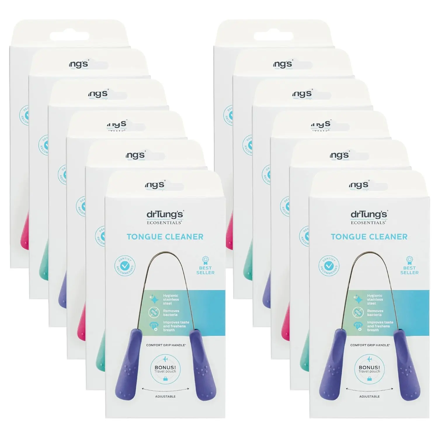 A stainless steel Dr. Tung's tongue cleaner, recommended by dentists and hygienists, designed to quickly remove bacteria and soft plaque from the tongue.