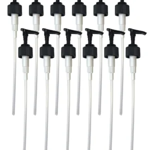 Twelve white Dr. Woods soap dispenser pumps for 32 oz and 16 oz bottles, each with a twist lock and dispensing 2cc of soap.