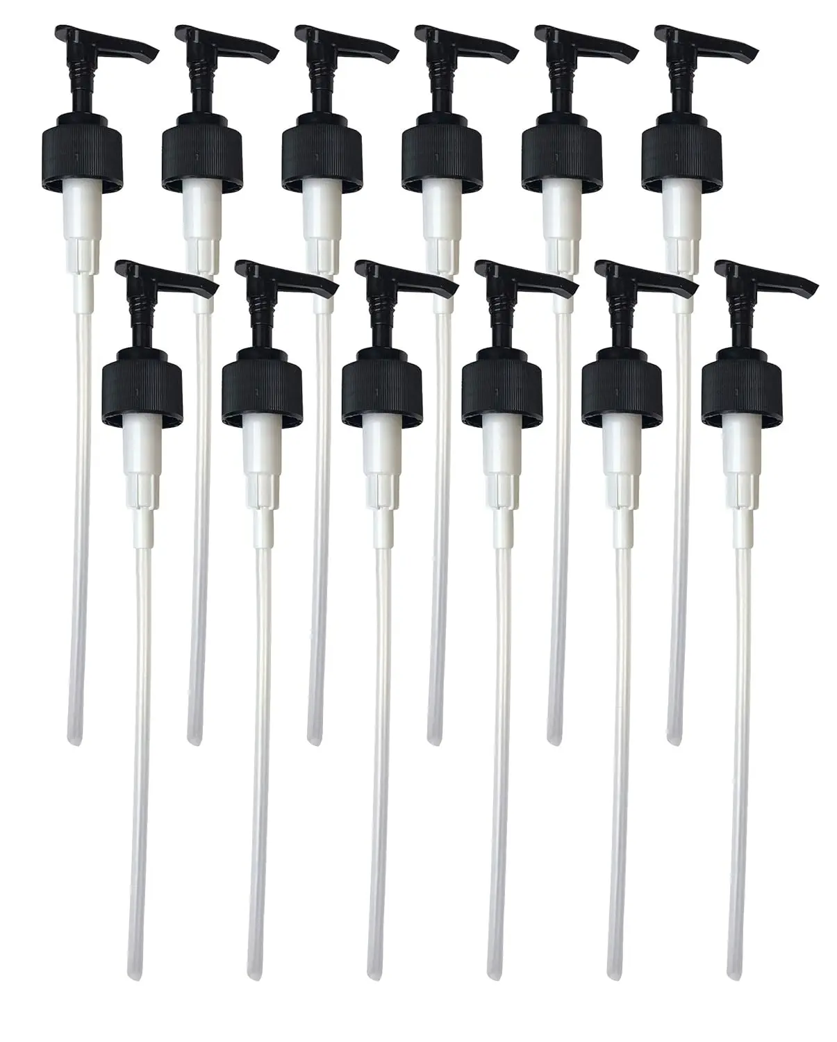 Twelve white Dr. Woods soap dispenser pumps for 32 oz and 16 oz bottles, each with a twist lock and dispensing 2cc of soap.