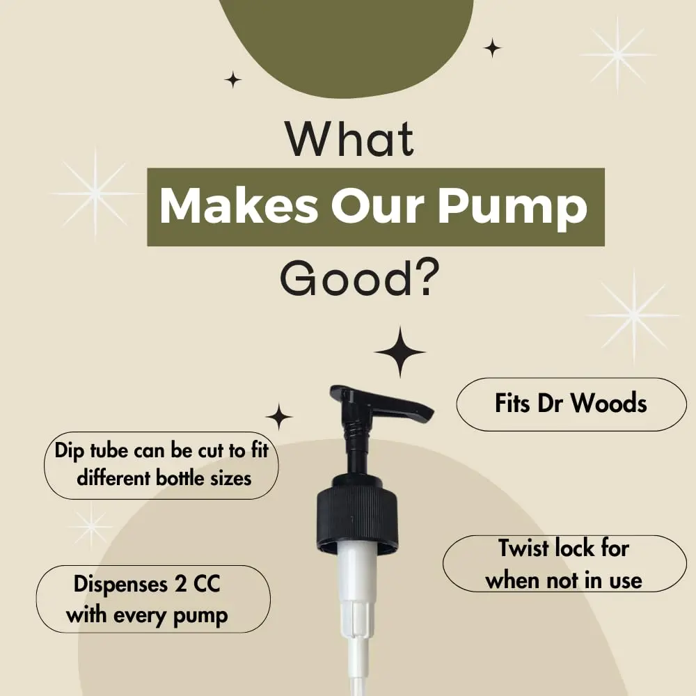 Twelve white Dr. Woods soap dispenser pumps for 32 oz and 16 oz bottles, each with a twist lock and dispensing 2cc of soap.