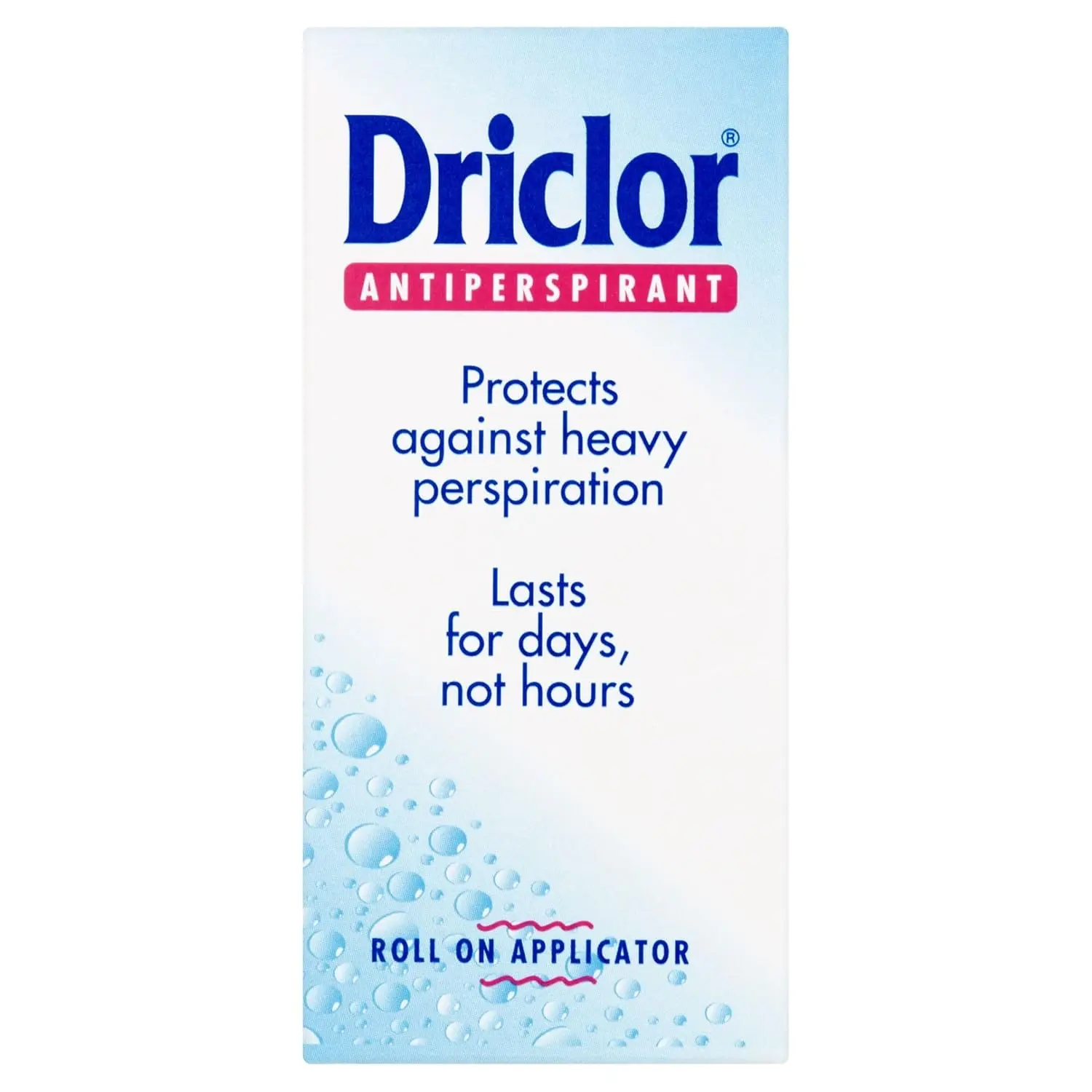Driclor Antiperspirant Roll On applicator protects against heavy perspiration and lasts for days, offering clinically proven antiperspirant protection.