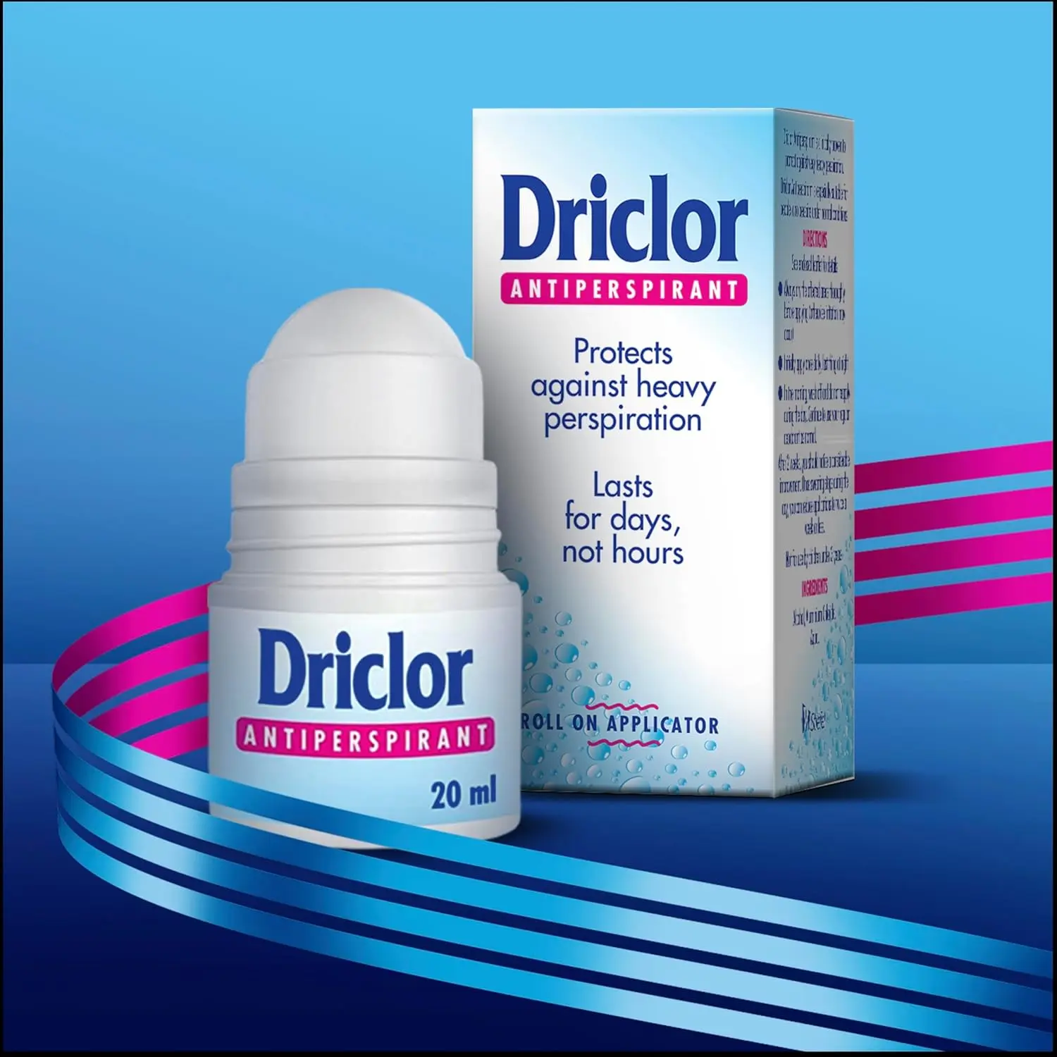Driclor Antiperspirant Roll On applicator protects against heavy perspiration and lasts for days, offering clinically proven antiperspirant protection.