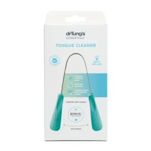 drTung's stainless steel tongue scraper with a comfort grip handle helps remove bacteria and freshen breath.
