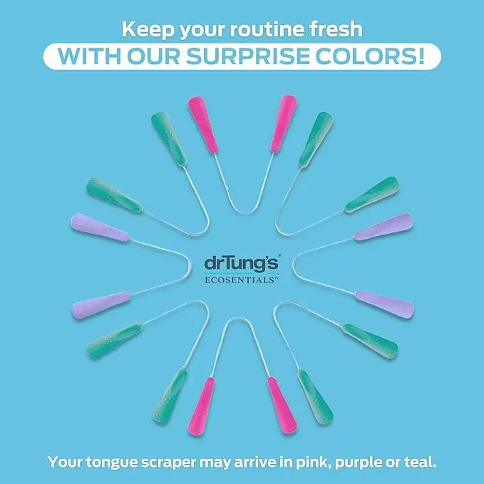 DrTung's stainless steel tongue scraper with a comfortable grip handle gently removes buildup for fresher breath and better oral hygiene.