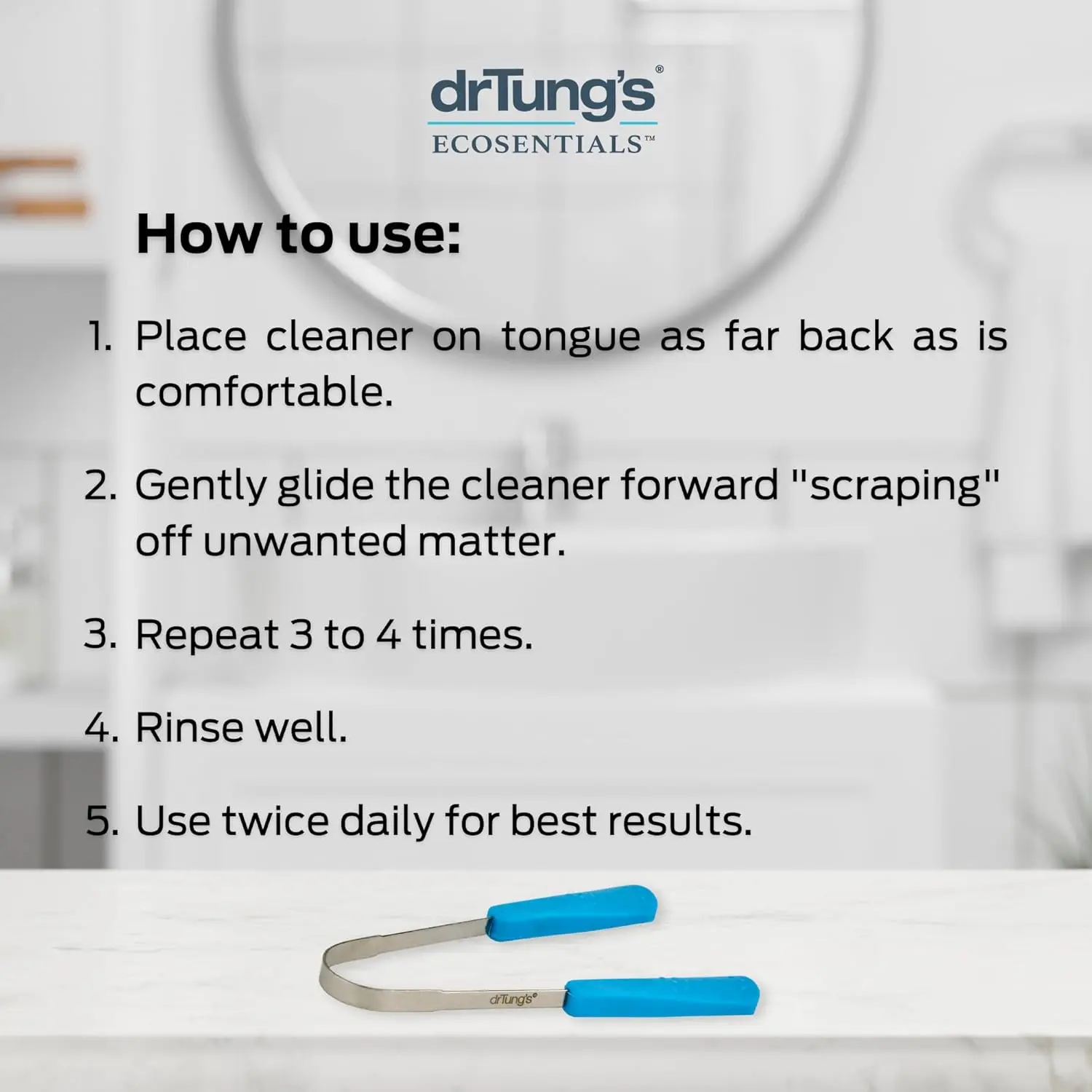 drTung's stainless steel tongue scraper with a comfort grip handle helps remove bacteria and freshen breath.