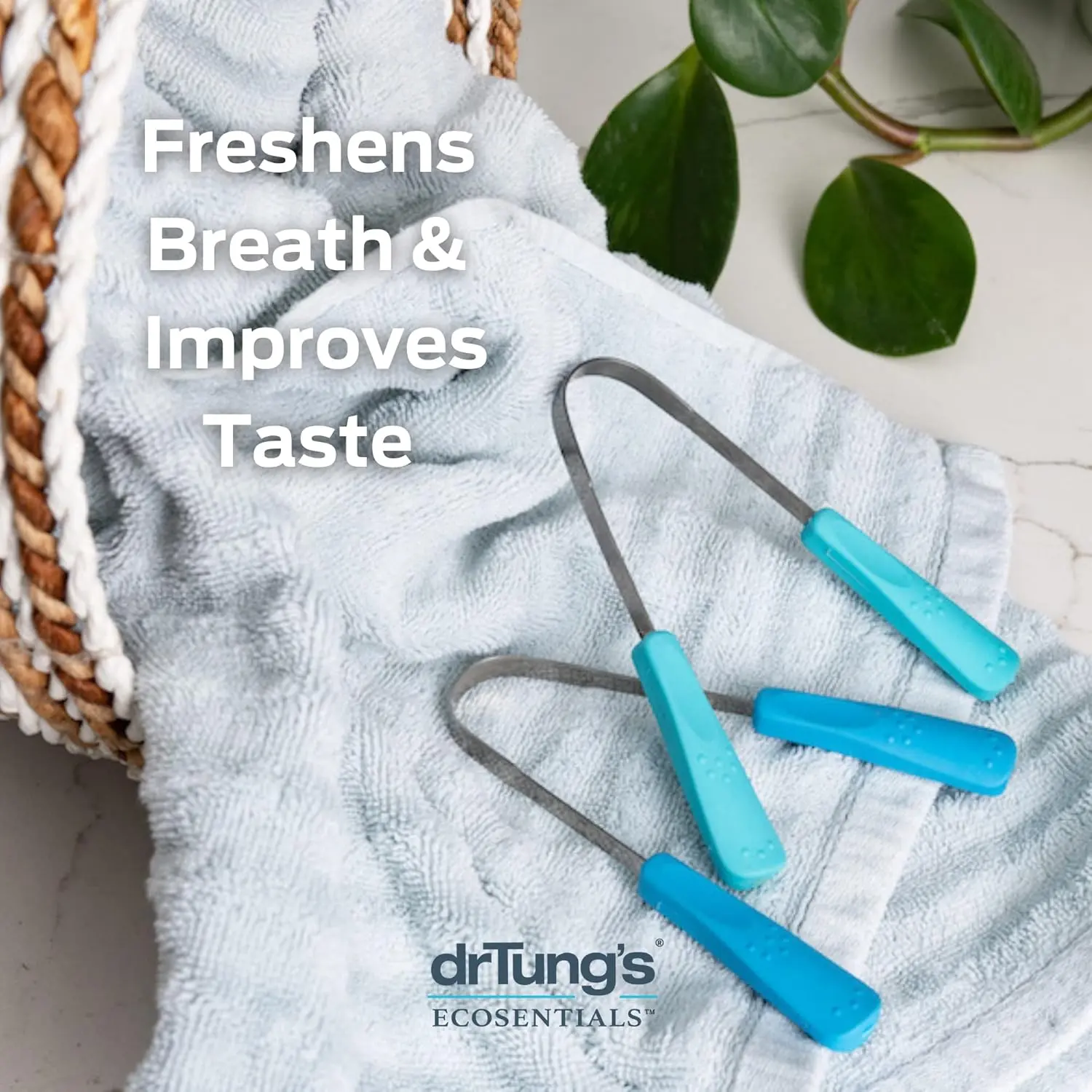 DrTung's stainless steel tongue scraper with a comfortable grip handle gently removes buildup for fresher breath and better oral hygiene.