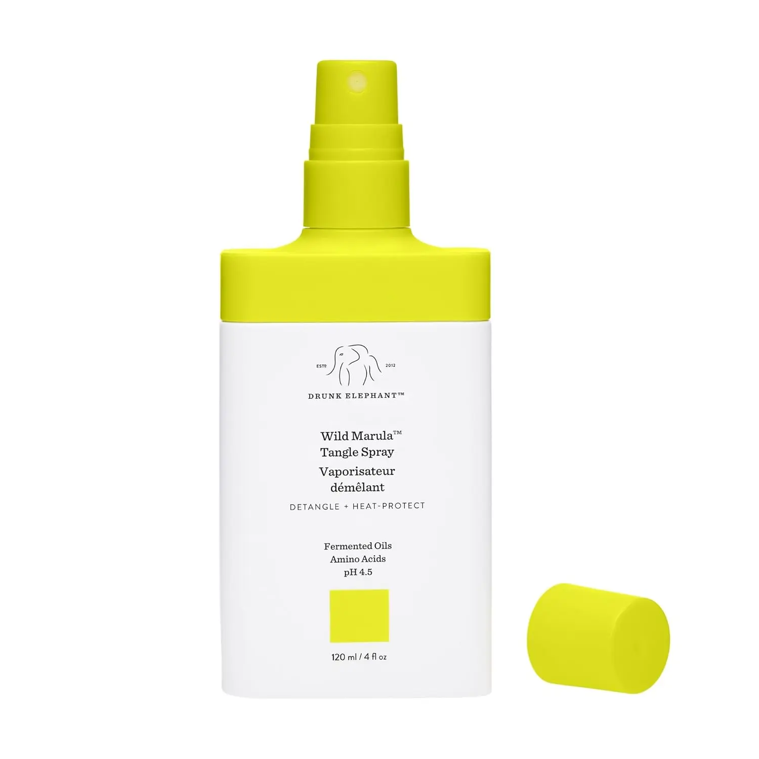 A bottle of Drunk Elephant Wild Marula Tangle Spray, a weightless leave-in mist that detangles hair, provides heat protection, and restores shine without silicones.